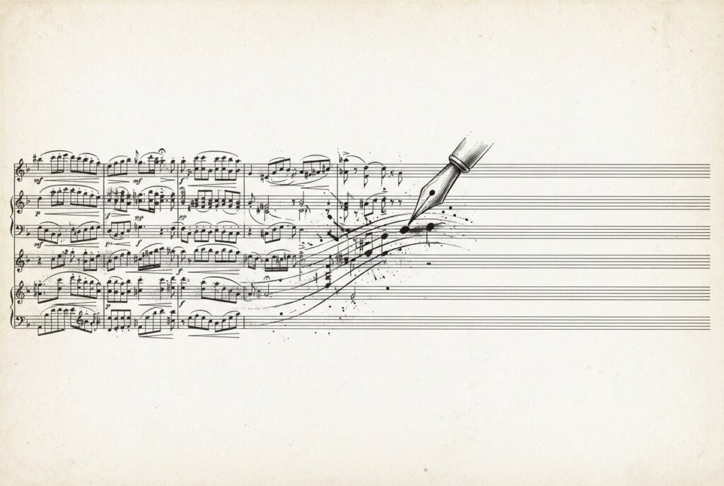 A hand-drawn engraving of a musical score being composed in real-time, with dense notation on the left dissolving into empty staff lines on the right - the structure of thought made visible as it unfolds.