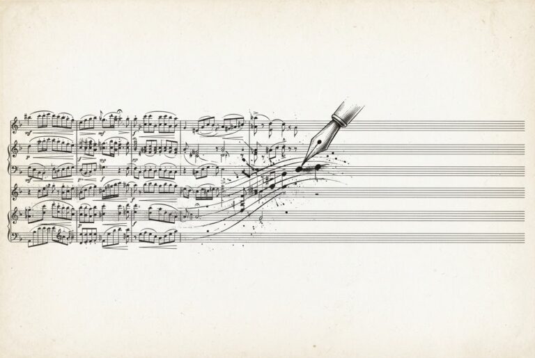 A hand-drawn engraving of a musical score being composed in real-time, with dense notation on the left dissolving into empty staff lines on the right - the structure of thought made visible as it unfolds.