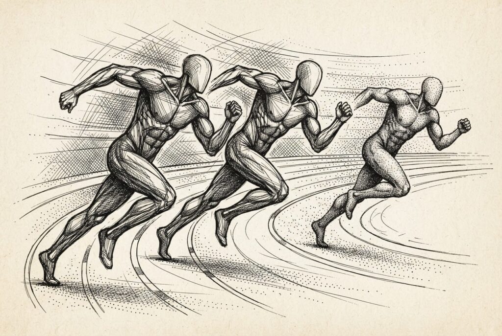 Three abstract figures on a curved track, the third slightly behind the first two who are neck-and-neck — the compression of the frontier race. Monochrome pen-and-ink engraving on warm paper.
