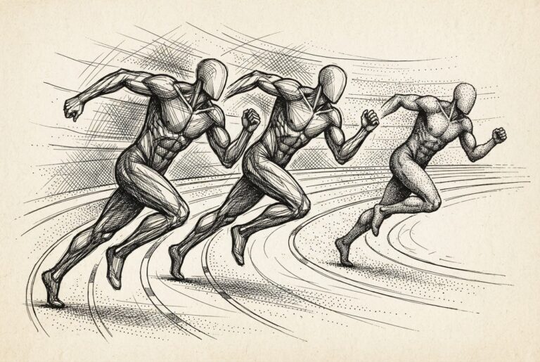 Three abstract figures on a curved track, the third slightly behind the first two who are neck-and-neck — the compression of the frontier race. Monochrome pen-and-ink engraving on warm paper.