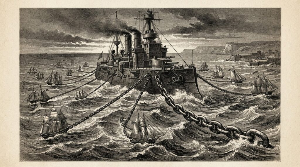 Pen-and-ink engraving of multiple smaller vessels chained to a single massive ironclad ship in rough seas, representing vendor lock-in through platform consolidation