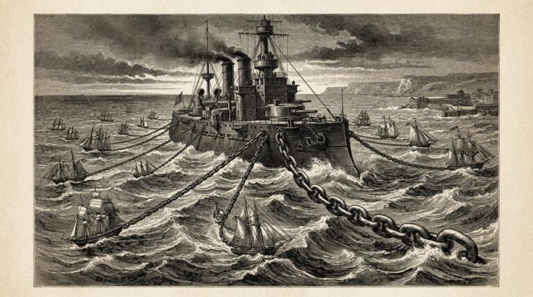 Pen-and-ink engraving of multiple smaller vessels chained to a single massive ironclad ship in rough seas, representing vendor lock-in through platform consolidation