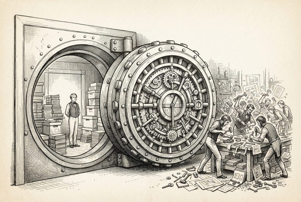 A massive ornate vault door swinging shut with its locking mechanism engaged, with one calm figure already inside the vault while figures outside are still frantically forging keys and assembling lock mechanisms