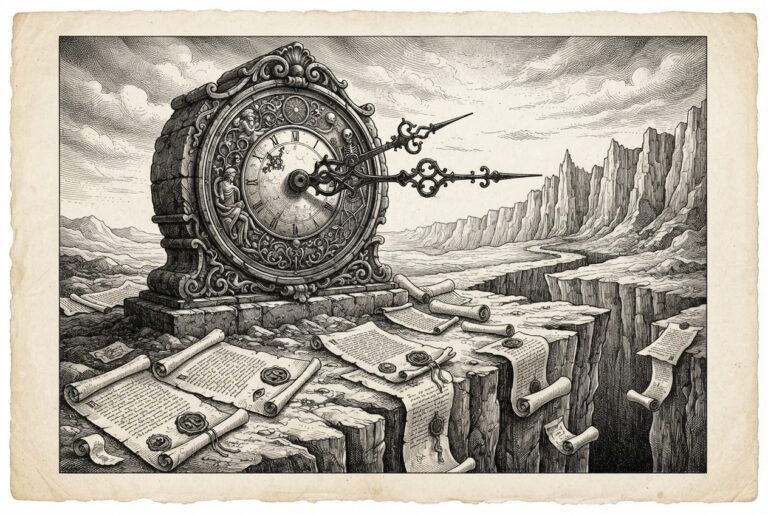 A monochrome pen-and-ink engraving of an ornate clock face set against a jagged cliff edge with scattered legal documents, representing the 137-day countdown to GENIUS Act enforcement amid an unfinished regulatory framework.