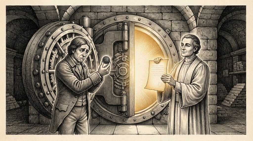 A bank vault door stands slightly ajar with golden light spilling out, as two figures in engraving style represent the structural divergence between yield-bearing tokenized deposits and interest-free stablecoins under the GENIUS Act.