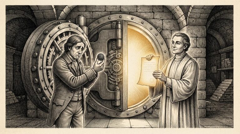 A bank vault door stands slightly ajar with golden light spilling out, as two figures in engraving style represent the structural divergence between yield-bearing tokenized deposits and interest-free stablecoins under the GENIUS Act.