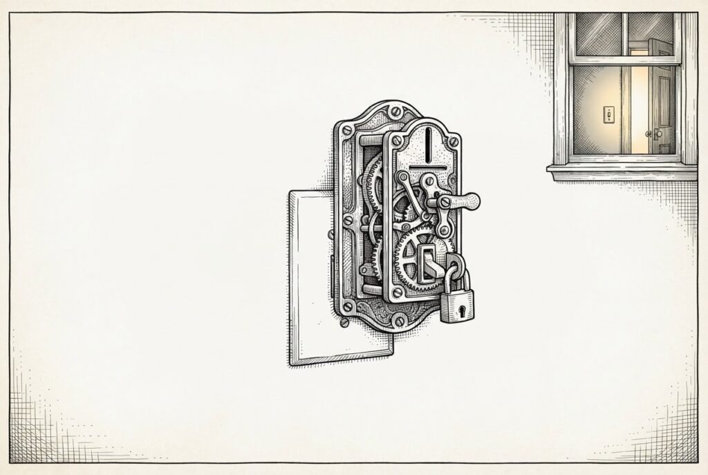 A Victorian-era coin-operated mechanism bolted over a simple domestic light switch, with gears and a padlock freezing the switch mid-throw, while through a nearby window a warm glow reveals a plain working switch - the un-gated alternative.