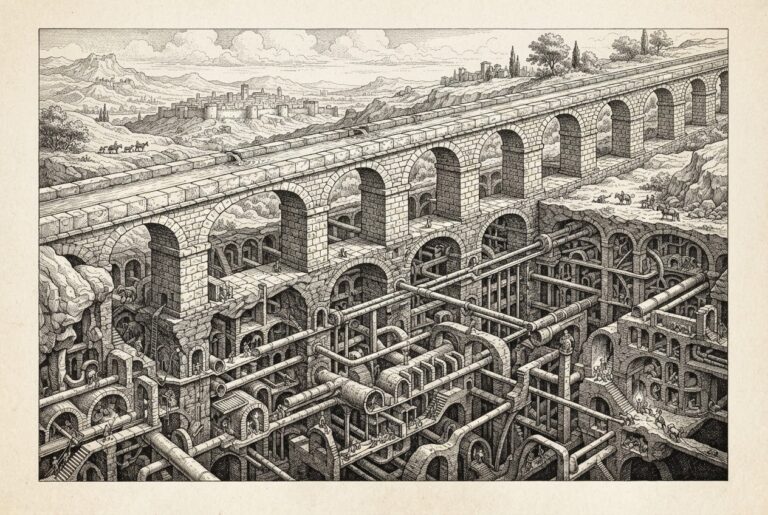 A pen-and-ink engraving of an ancient aqueduct with a nearly-empty channel on top and a vast underground network of pipes and tunnels beneath, representing Google's AX as the thin interface over the massive Agent Substrate infrastructure.