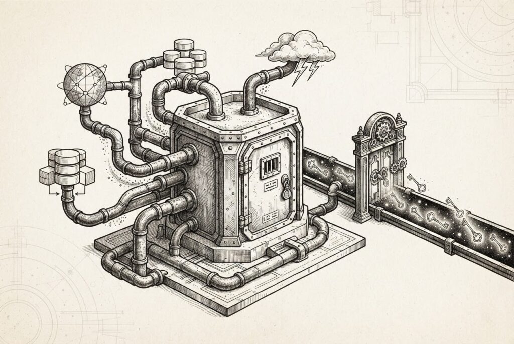 Pipes and conduits connecting a central sealed sandbox chamber to external data sources, with credential tokens flowing through a separate gate - the data-movement layer enabling agents to move data in and out of persistent execution environments.