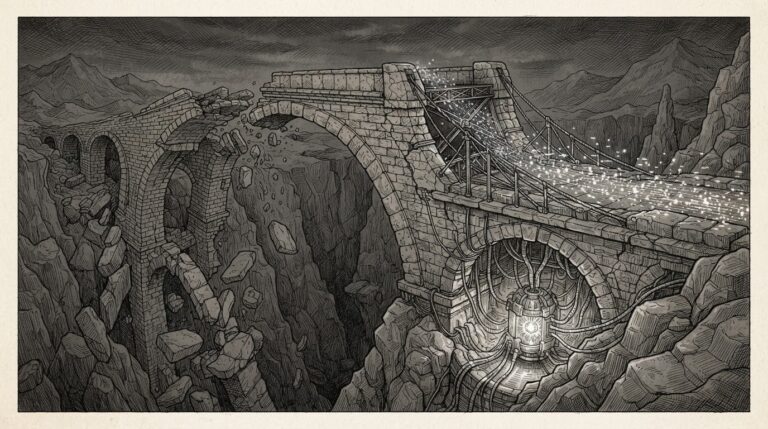 Pen-and-ink illustration of a massive stone bridge reinforced with steel cables on one side, carrying data streams over a chasm, with a glowing reactor core beneath the reinforced foundation