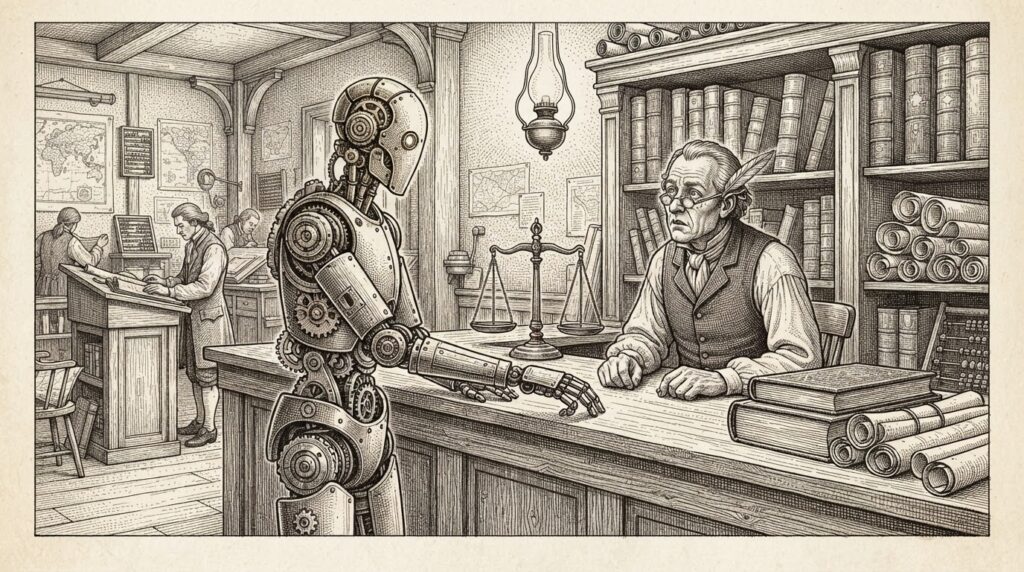 A merchant counting house with an autonomous figure approaching the counter - the moment commerce meets agency at the merchant level. Monochrome pen-and-ink engraving.