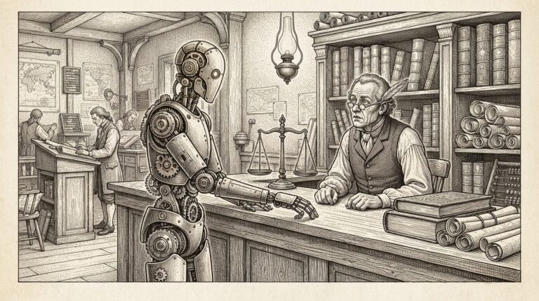 A merchant counting house with an autonomous figure approaching the counter - the moment commerce meets agency at the merchant level. Monochrome pen-and-ink engraving.