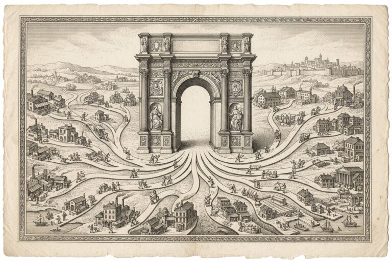 A pen-and-ink engraving of a massive classical gateway from which dozens of autonomous pathways branch outward like rivers, each leading to different destinations, representing Google's transformation of Search into an agent dispatch platform.