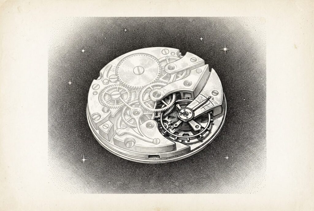 A precision clockwork mechanism suspended in space, with a small active segment of gears rendered in detailed cross-hatching while the rest fades into dormant hatching - representing compute hardware that operates in brief bursts before thermal shutdown.