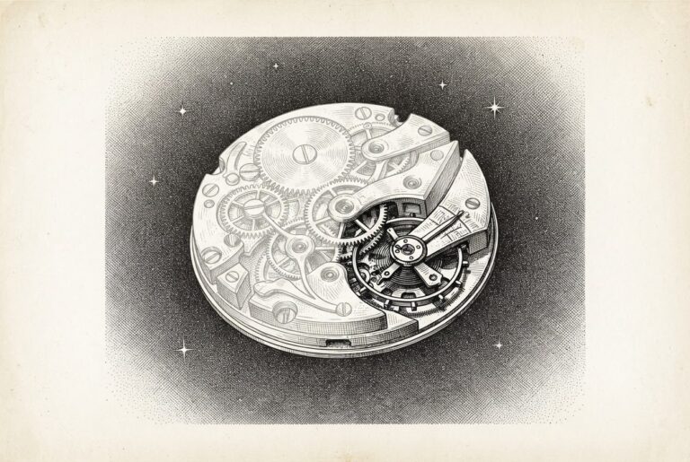 A precision clockwork mechanism suspended in space, with a small active segment of gears rendered in detailed cross-hatching while the rest fades into dormant hatching - representing compute hardware that operates in brief bursts before thermal shutdown.
