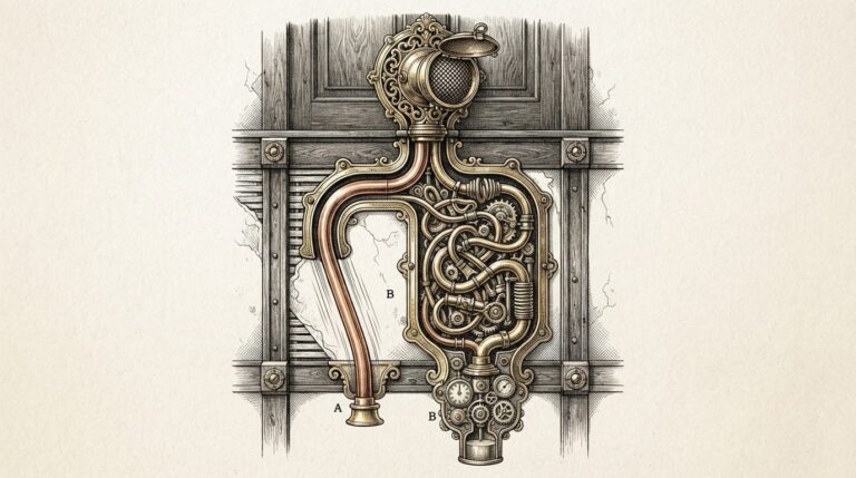 An ornate Victorian speaking tube system shown in cross-section, where a single brass mouthpiece branches into two separate pathways - one thin and fast for voice, one deep and complex for reasoning - representing the two-model delegation architecture