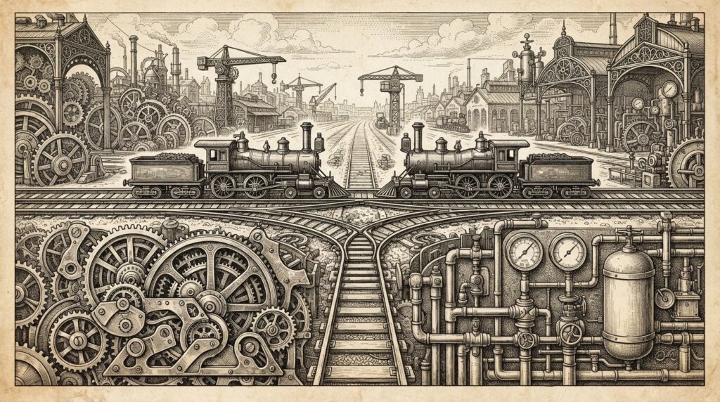 A Victorian-era engraving of two parallel brass railway tracks at identical heights through a mechanical switchyard, with intricate switching mechanisms - cache-memory gears on one side, batch-processing valves on the other - representing identical base pricing with competing adjacent cost levers.