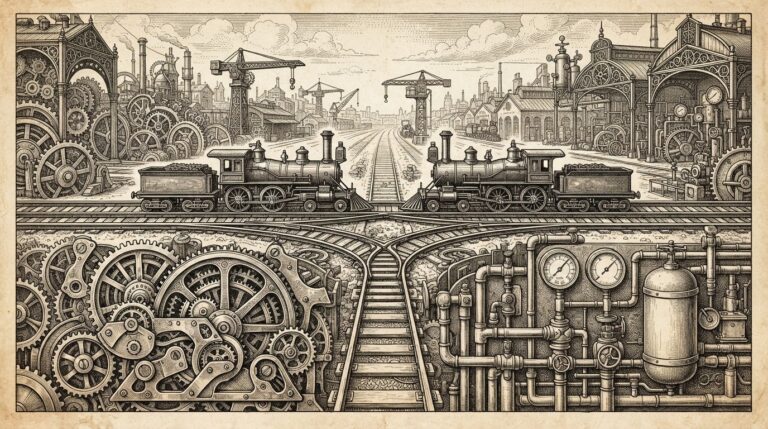 A Victorian-era engraving of two parallel brass railway tracks at identical heights through a mechanical switchyard, with intricate switching mechanisms - cache-memory gears on one side, batch-processing valves on the other - representing identical base pricing with competing adjacent cost levers.