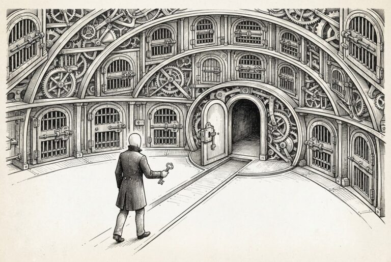 A faceless figure holding a single ornate key approaches the only open door in an elaborate mechanism with many sealed, barred doors arranged in concentric tiers - gated access to dangerous capability.