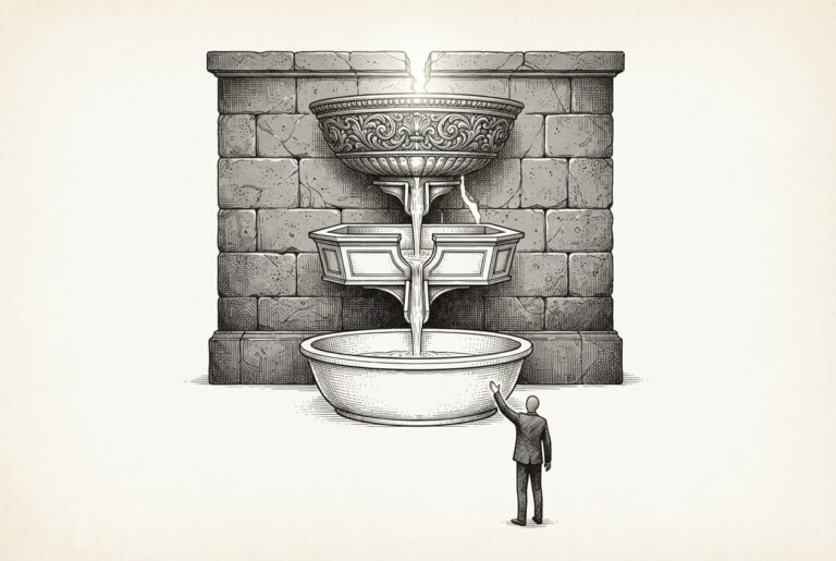 A three-tiered cascade of basins — ornate top, simple middle, plain bottom — feeding intelligence downward through narrow channels, with a cracked institutional wall behind them and a lone figure reaching toward the lowest basin in the open space below