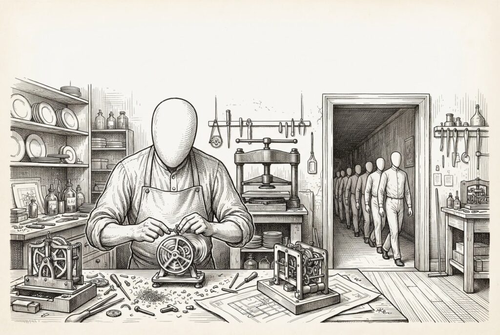 A single faceless figure at a workbench in an engraving workshop builds a small intricate mechanism with visibly spinning gears, while larger mechanisms around it remain still. Through a doorway in the background, other faceless figures walk in slow deliberate formation - the figure has chosen speed over the coordinated pace. Monochrome pen-and-ink engraving on warm paper.