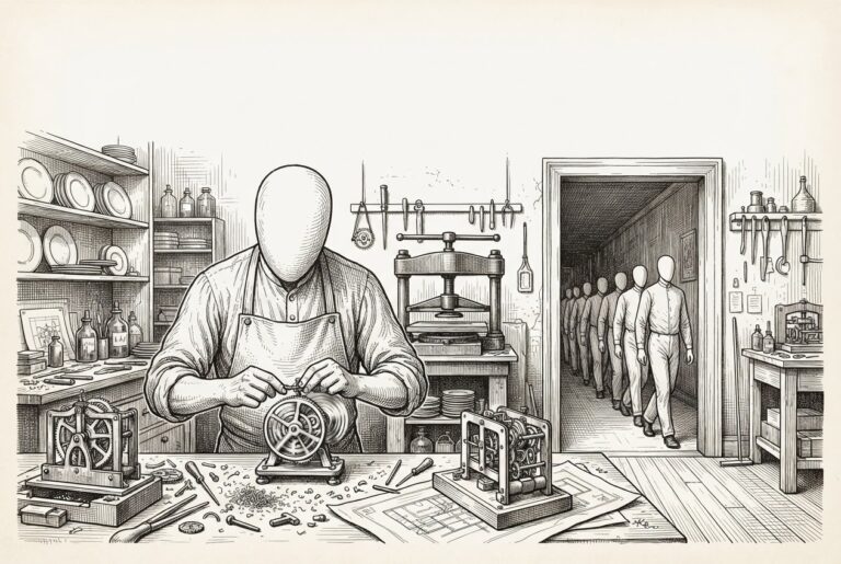 A single faceless figure at a workbench in an engraving workshop builds a small intricate mechanism with visibly spinning gears, while larger mechanisms around it remain still. Through a doorway in the background, other faceless figures walk in slow deliberate formation - the figure has chosen speed over the coordinated pace. Monochrome pen-and-ink engraving on warm paper.