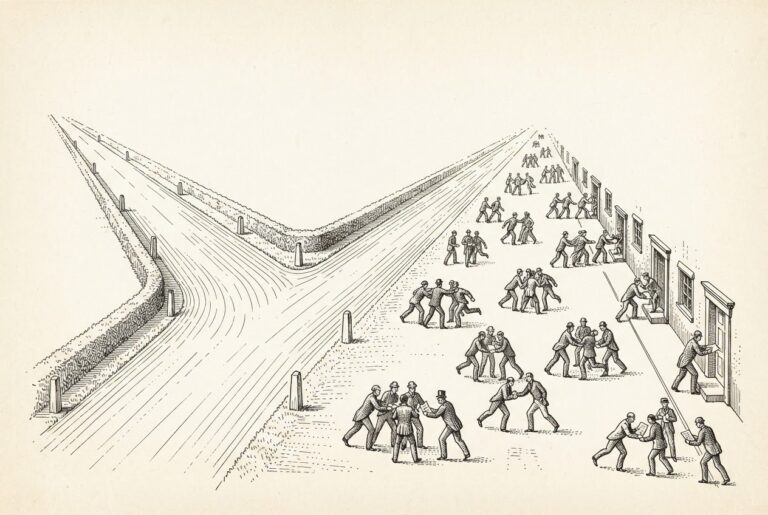 A fork in a road viewed from above - the left path is narrow, orderly, and empty (government model procurement), while the right path is wide and filled with dozens of small faceless figures already in motion, coordinating with each other and signing into doorways along the path (enterprise agent deployment). The government bought the road but not the travelers.