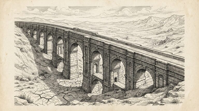 A vast stone aqueduct with an almost empty channel carrying only a thin trickle of water above a dry cracked valley, symbolizing the mismatch between expensive infrastructure and meager revenue