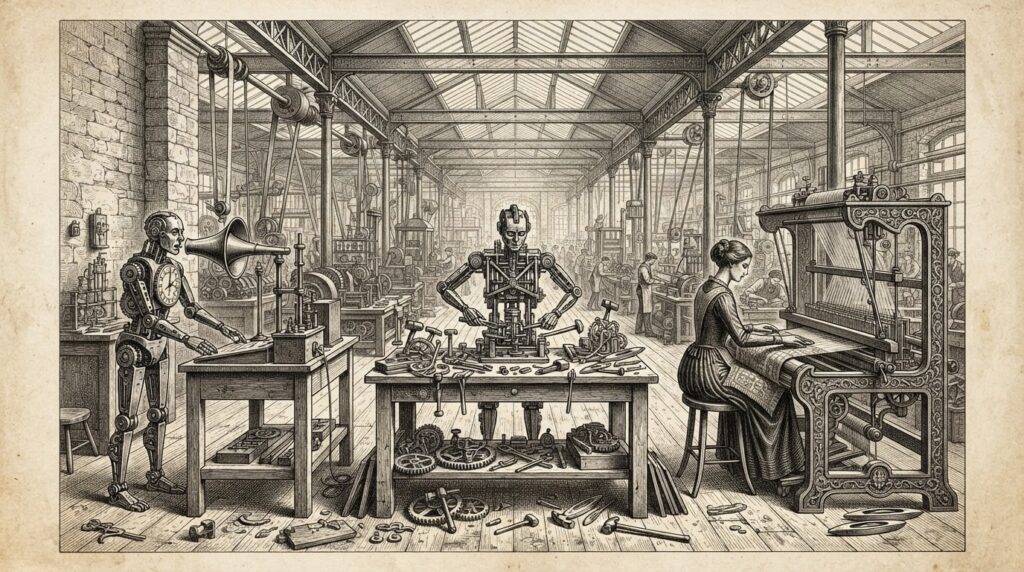 Three mechanical automatons working at three different workbenches in a Victorian factory - one speaking through a horn, one building with tools, one operating a loom
