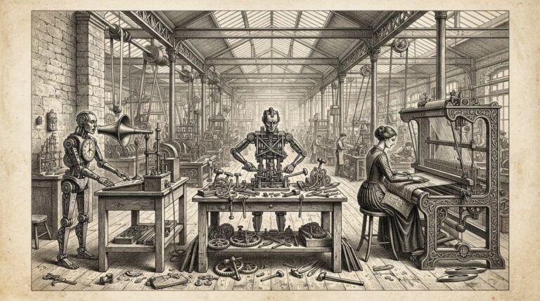 Three mechanical automatons working at three different workbenches in a Victorian factory - one speaking through a horn, one building with tools, one operating a loom