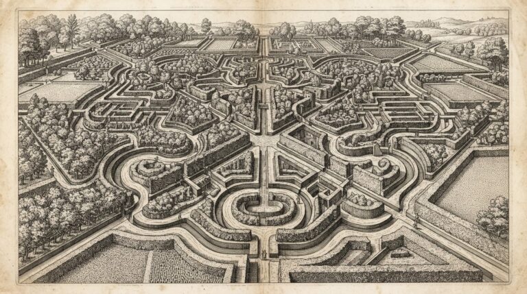 An aerial view of a formal garden with winding paths that appear open and free, but subtle hidden channels and terrain features redirect all movement beneath the surface. Black ink engraving on warm off-white paper. Conceptual illustration of invisible control beneath apparent transparency.