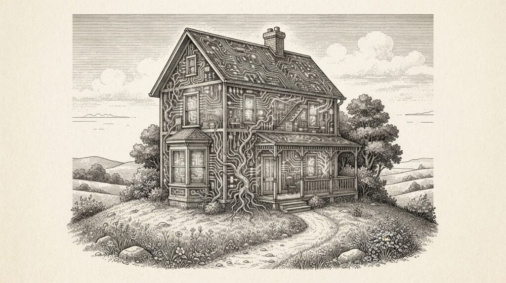 A cozy Victorian cottage whose walls are transparent, revealing intricate hand-drawn circuit board traces and organic wiring patterns flowing like plant roots through every wall, floor, and ceiling. The house sits alone on a small hill, self-contained and independent - no power lines, no cables connecting to external infrastructure.