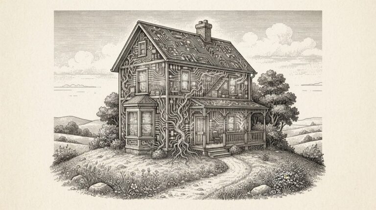 A cozy Victorian cottage whose walls are transparent, revealing intricate hand-drawn circuit board traces and organic wiring patterns flowing like plant roots through every wall, floor, and ceiling. The house sits alone on a small hill, self-contained and independent - no power lines, no cables connecting to external infrastructure.