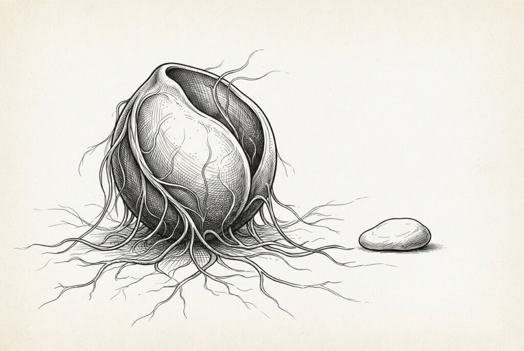 An abstract rounded vessel with organic tendrils extending outward and downward into surrounding space, self-directed and alive, while a small smooth inert stone sits dormant beside it in negative space - depicting the appliance itself becoming the AI agent through organic autonomous intelligence, rendering the hub irrelevant.
