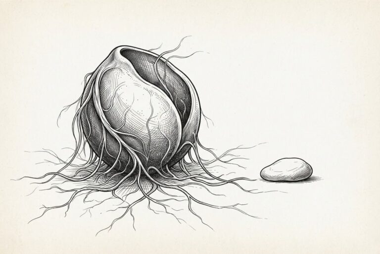An abstract rounded vessel with organic tendrils extending outward and downward into surrounding space, self-directed and alive, while a small smooth inert stone sits dormant beside it in negative space - depicting the appliance itself becoming the AI agent through organic autonomous intelligence, rendering the hub irrelevant.
