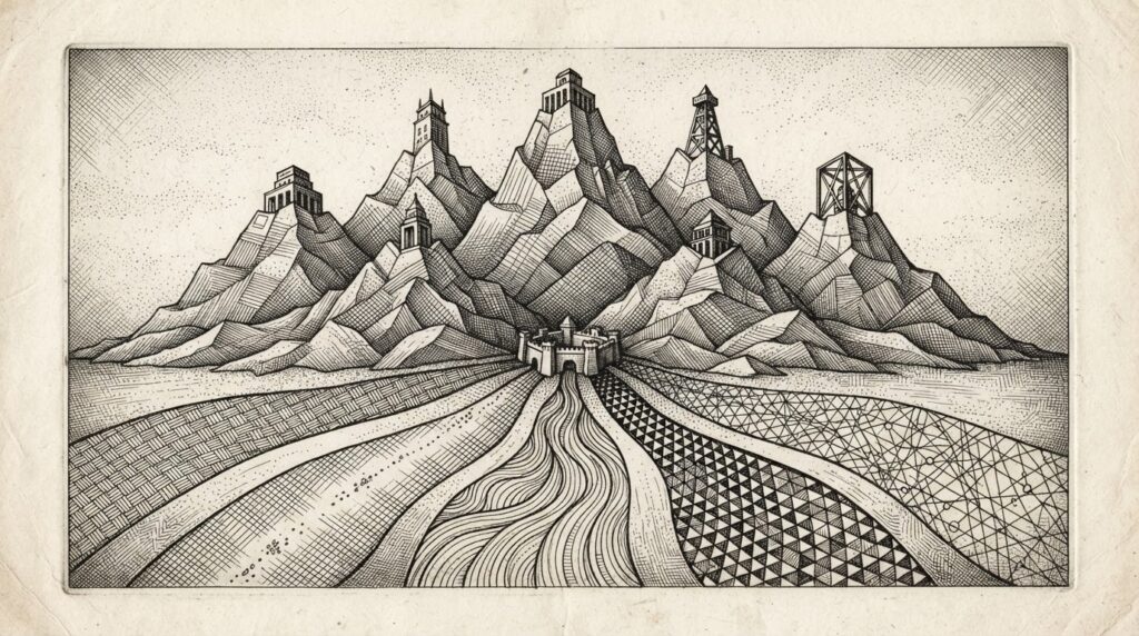 Monochrome pen-and-ink engraving of a stylized mountain range with five converging institutional paths, representing South Korea's coordinated multi-institutional tokenization infrastructure build on Avalanche
