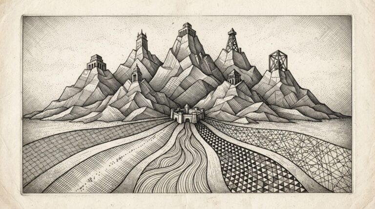 Monochrome pen-and-ink engraving of a stylized mountain range with five converging institutional paths, representing South Korea's coordinated multi-institutional tokenization infrastructure build on Avalanche