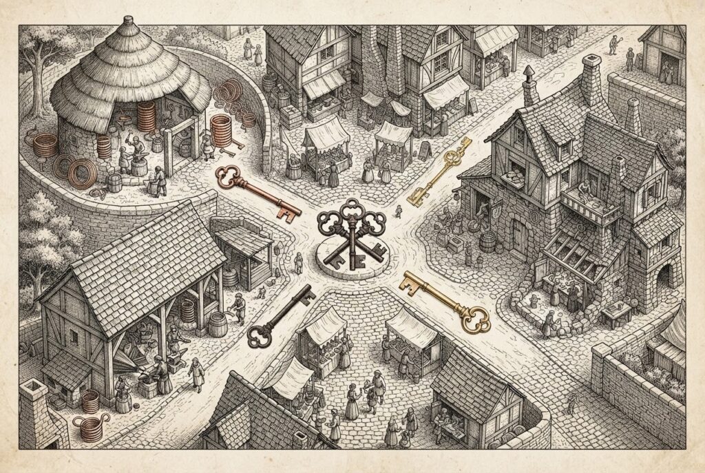 Three distinct workshops, each producing the same ornate skeleton key from a different metal - copper, iron, brass - converging at a central point, representing the convergence of three vendor classes on the same opinionated agent default.
