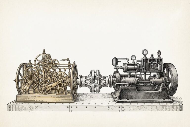Two ornate Victorian mechanical engines with different internal mechanisms - one filled with clockwork gears, the other with hydraulic pistons - connected by a single universal coupling collar at their center, the protocol that bridges two fundamentally different architectures