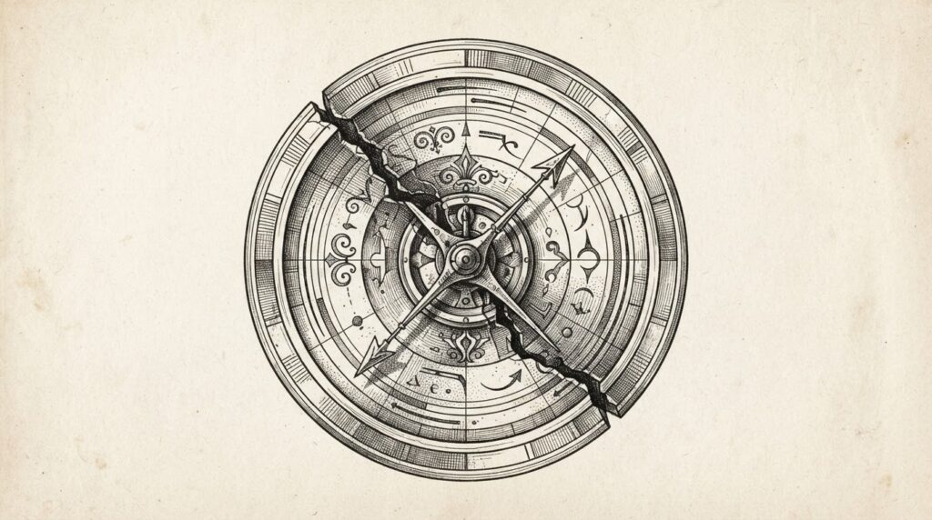 Monochrome pen-and-ink engraving of an antique nautical instrument with its indicator frozen mid-oscillation between two opposing directions, with a visible crack running through the dial