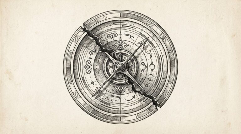 Monochrome pen-and-ink engraving of an antique nautical instrument with its indicator frozen mid-oscillation between two opposing directions, with a visible crack running through the dial