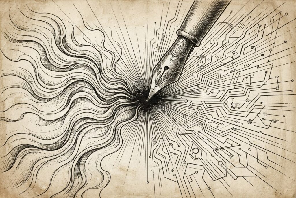 A fountain pen nib touches the center of a vast page, and from that point, intricate ink lines radiate outward — some flowing like liquid streams, others branching into fine geometric circuit patterns — representing the transformative moment where voice AI digitizes the mortgage origination process