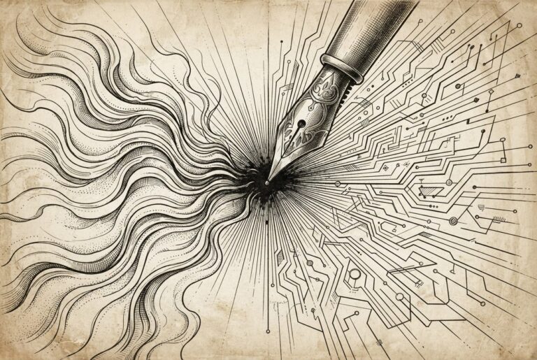 A fountain pen nib touches the center of a vast page, and from that point, intricate ink lines radiate outward — some flowing like liquid streams, others branching into fine geometric circuit patterns — representing the transformative moment where voice AI digitizes the mortgage origination process