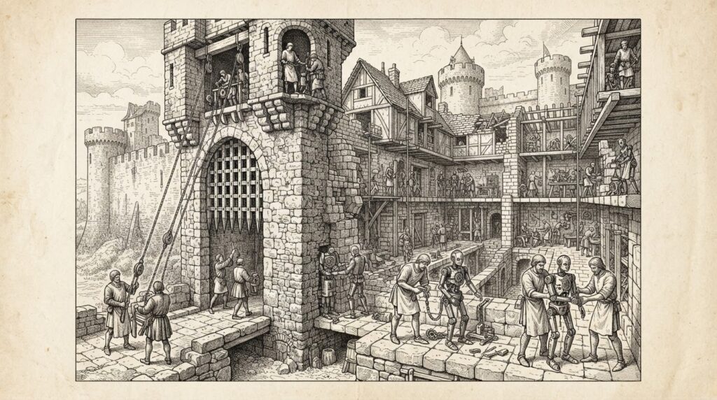 A medieval castle gatehouse with a massive iron portcullis being raised, revealing a new wing being constructed where workers install locks and barriers on autonomous mechanical figures - representing enterprise security expanding to accommodate a new category of AI agent workers.