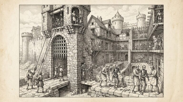 A medieval castle gatehouse with a massive iron portcullis being raised, revealing a new wing being constructed where workers install locks and barriers on autonomous mechanical figures - representing enterprise security expanding to accommodate a new category of AI agent workers.