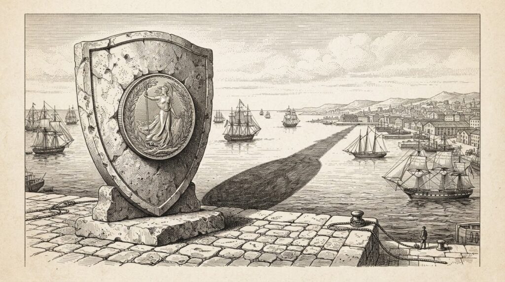 A massive classical stone shield bearing a minted coin emerging from its surface, casting a long harbor-like shadow across a bay with distant merchant vessels. Monochrome pen-and-ink engraving.