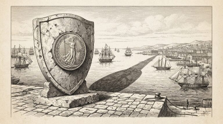 A massive classical stone shield bearing a minted coin emerging from its surface, casting a long harbor-like shadow across a bay with distant merchant vessels. Monochrome pen-and-ink engraving.