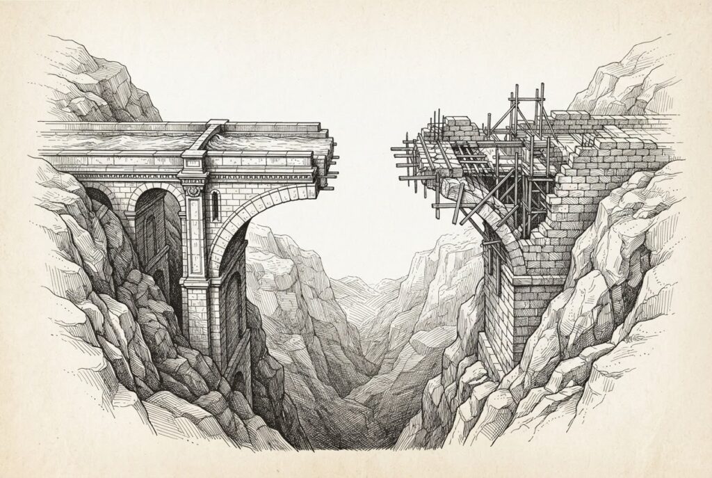 A massive stone bridge spans a deep chasm — the left side complete with carved channels carrying flowing water, the right side ending abruptly in mid-air with raw stone and scaffolding, the gap between them as the focal point. Pen-and-ink engraving on warm aged paper.