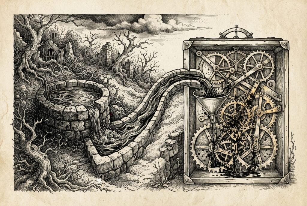 A poisoned well feeding contaminated liquid through channels into a mechanical reasoning apparatus — the RAG attack vector as tainted knowledge source that steers AI agent MCP tool calls. Monochrome pen-and-ink engraving.