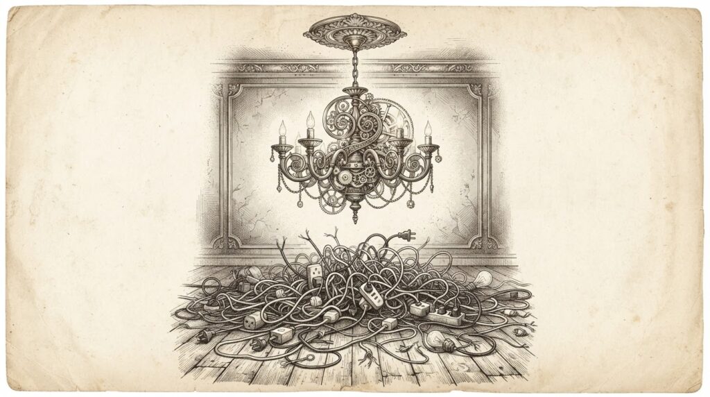 An elaborate brass chandelier with intricate clockwork mechanisms hangs majestically from a ceiling, while directly below it the floor is a chaotic tangle of mismatched extension cords, disconnected smart plugs, half-plugged light bulbs, and frayed wires - representing the disconnect between sophisticated AI hub hardware and messy real-world smart home management.